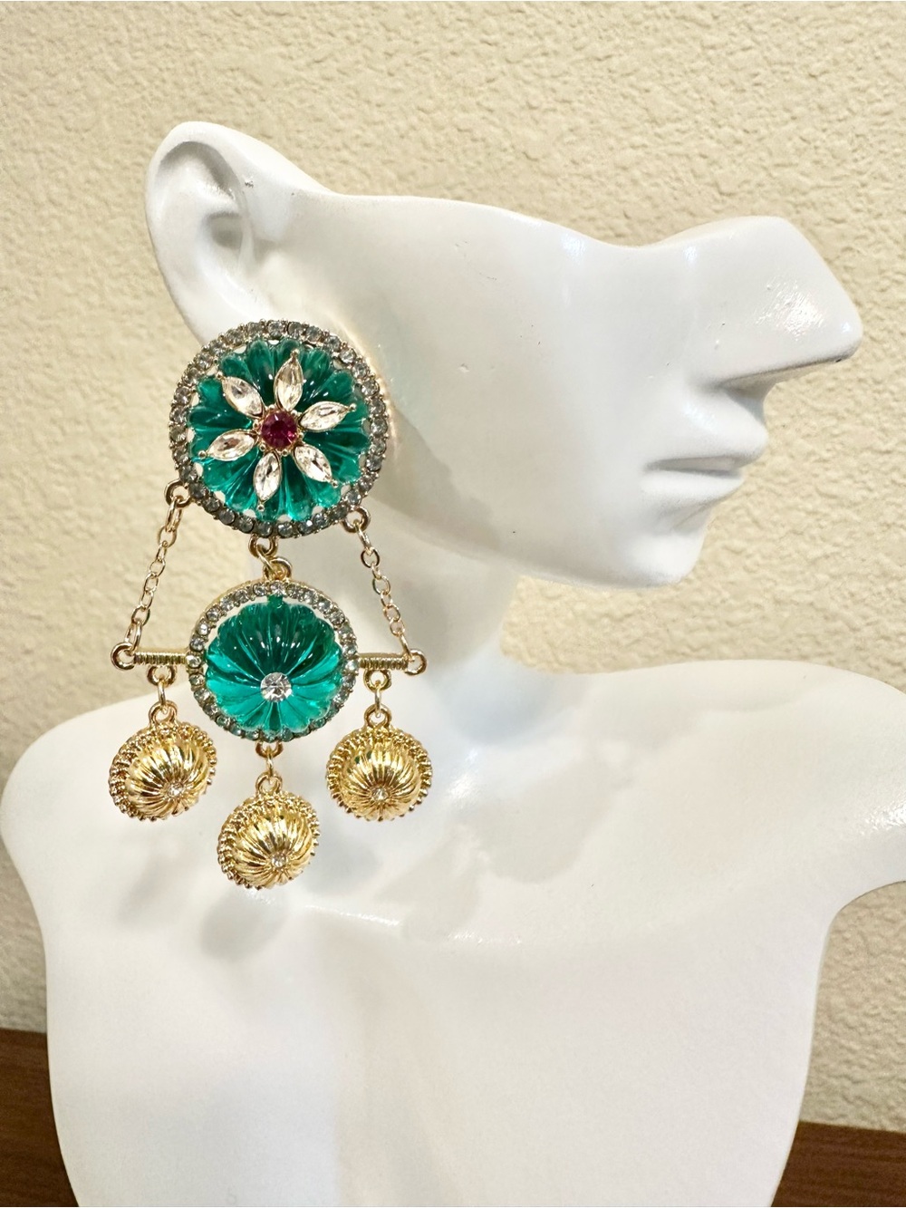 Gold Plated Teal Resin Drop Earrings w/ Gold Dangle Accents